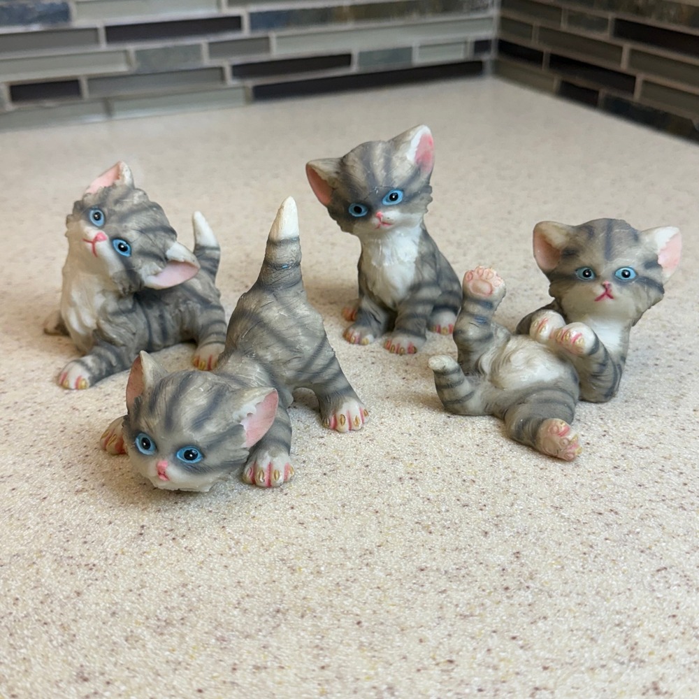 VTG 4pc Set Miniature Grey Tabby Kitten Figurines Playful Blue Eyed Cat Decor